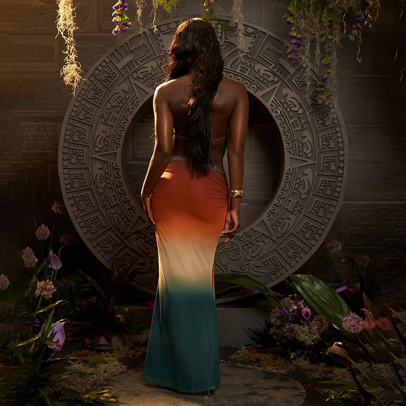 Mozision Print Sexy Mesh Halter Skirt 2 Pieces Sets For Women Off-shoulder Sleeveless Backless Tops And Skirt Two Pieces Sets