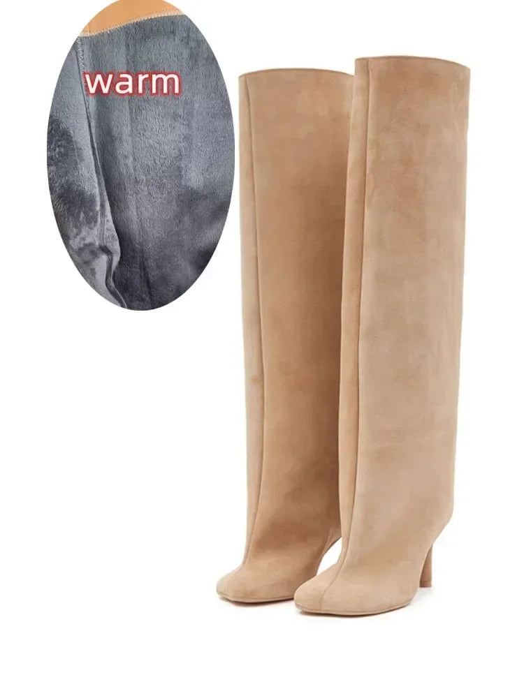 2024 European and American Fashion Stiletto Heels Wide Leg Knee Sleeve Boots Women's Square Head Suede Warm Boots