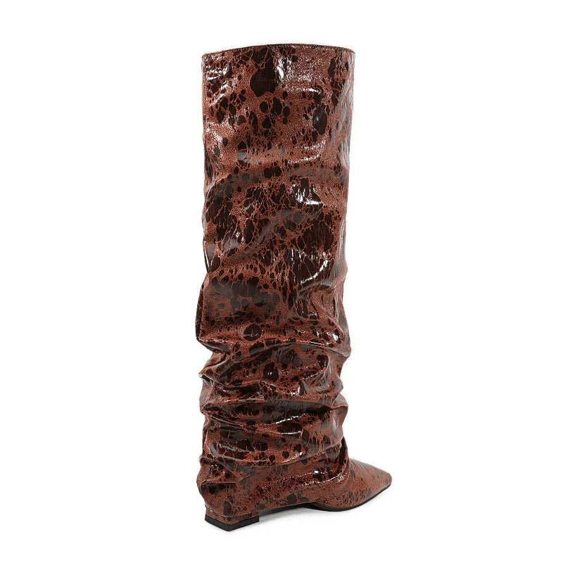 2025 European AndAmerican Women's Autumn and Winter Super Migration Coarse High Heels Fashion Pleated Pointed Sleeve Skirt Boots