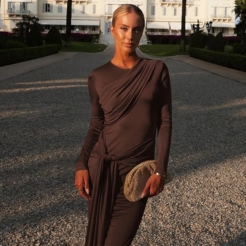 Mozision Long Sleeve Draped Ruched Sexy Maxi Dress Women Gown Elegant O Neck High Waist Bodycon Club Party Long Dresses Female