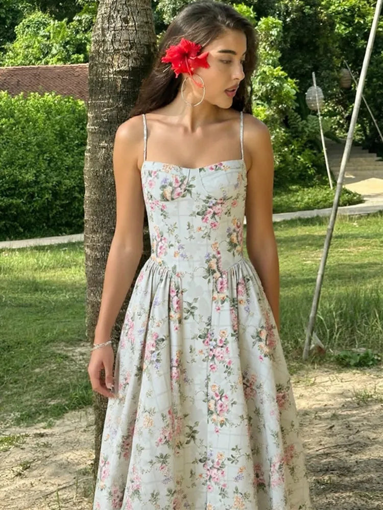 Mozision Spaghetti Strap Print Midi Dress Women Fashion Off-shoulder Sleeveless Backless A-line High Waist Pleated Long Dress