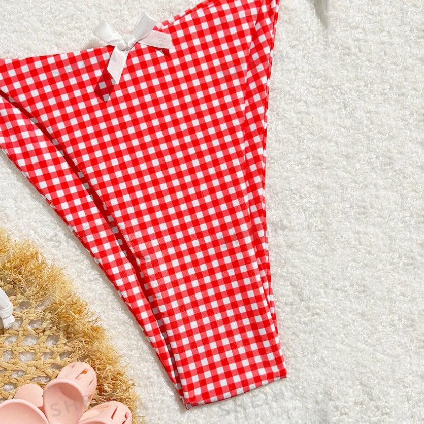 Red Plaid String Halter thong Micro Bikini for Women Mini Swimwear Lace-up Sexy Swimsuit Bathing Suit Triangle Bikinis Sets 2025