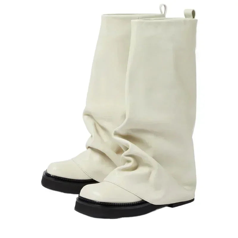 New Large Walled Flat Bottomed Round Toe Sleeve Knee High Pleated Women's Boots Retro Knight Boots Shoes for Women