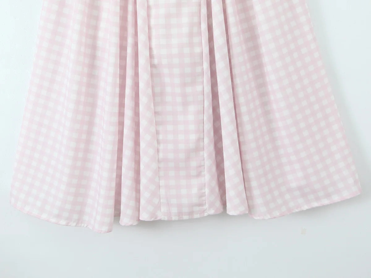 YENKYE Lace Up Bandage Plaid Sling Dress Women Elegant Square Neck Low Waist A-line Midi Summer Dresses Holiday Party Robe 2025