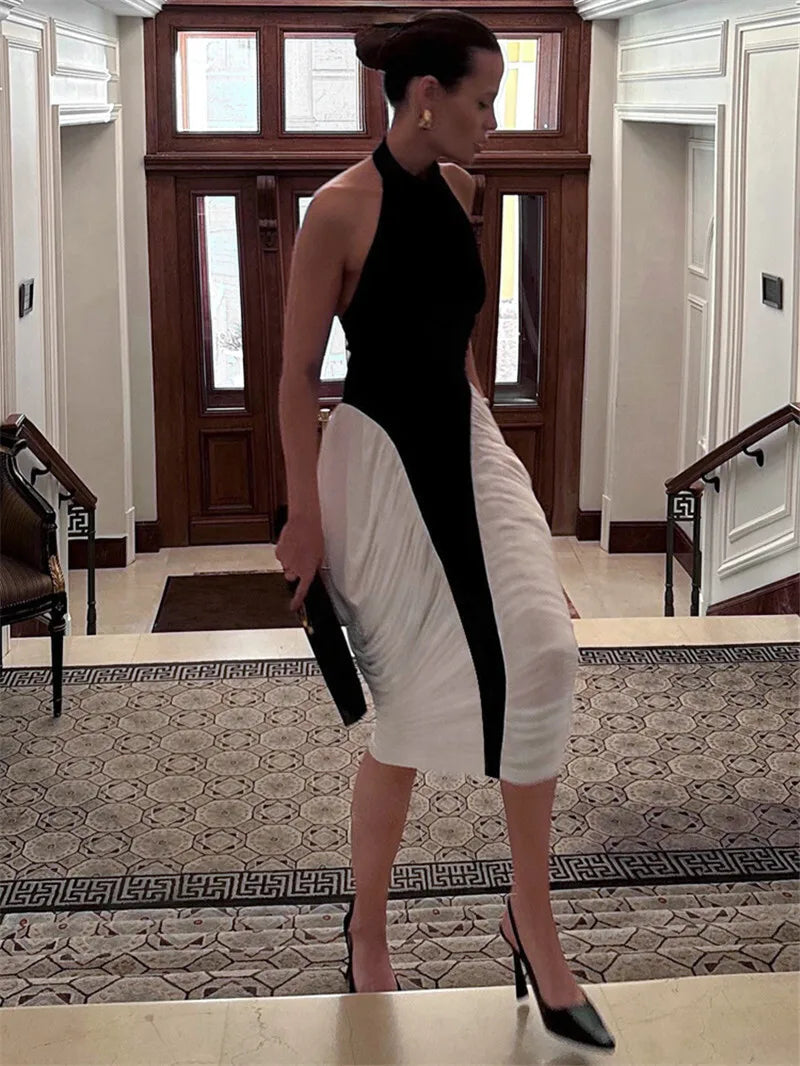 Mozision Patchwork Halter Backless Sexy Midi Dress Women Gown Elegant Fashion Contrast Color Sleeveless Pleated Long Dress