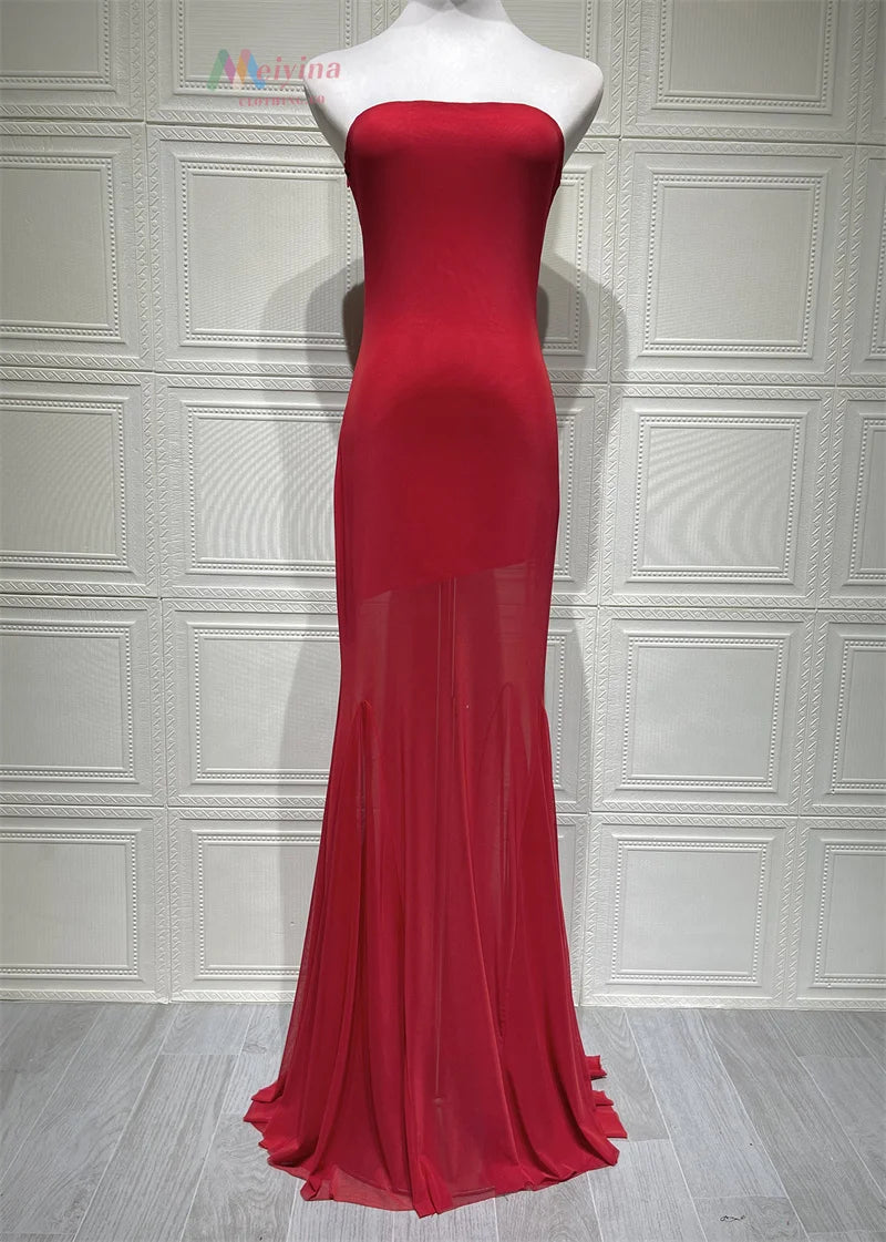 Mozision Off-shoulder Strapless Sexy Maxi Dress Women Gown Fashion Elegant Mesh Sleeveless Backless Bodycon Club Party Dresses