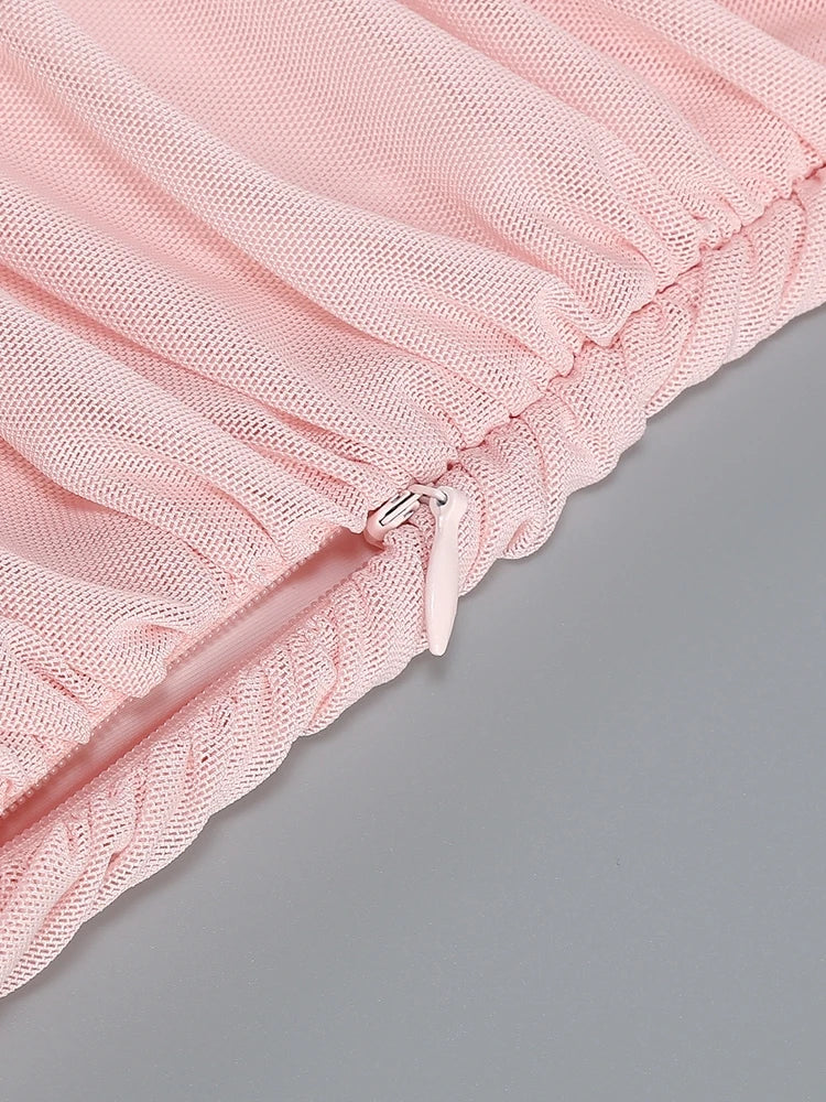 Sexy O Neck Mesh Patchwork Folds Long Dress Women Pink Long Sleeves Asymmetrical Folds Slim Dresses Evening Party Formal Gowns