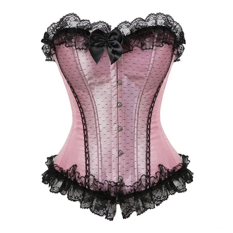 Sexy Satin Overbust Corset Top Lace Bowknot Decorated Clubwear Showgirl Body Shaper Plus Size