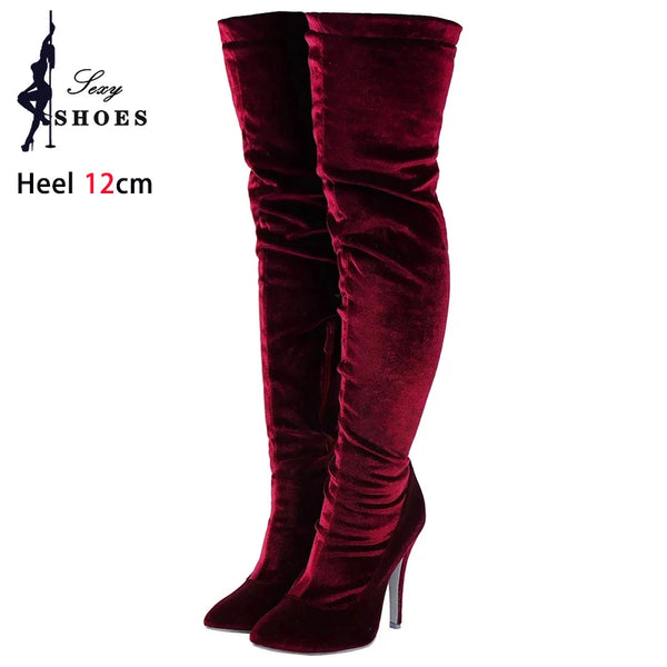 Velvet Long Boots For Women 2024 New Spring Autumn Over Knee Shoes Lady Pointed Toe Stiletto Heels Plus Size Elastic Thigh Boots Wofashion.xyz
