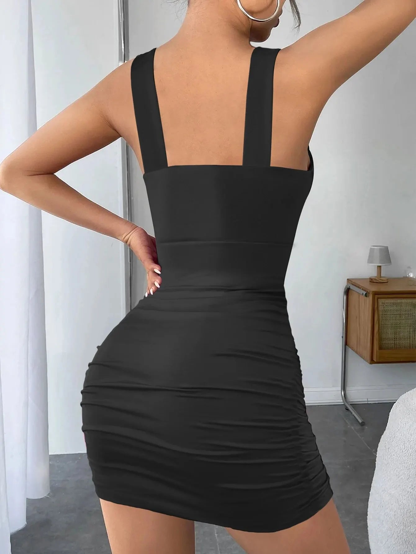 Sexy Spaghetti Straps V-neck Tight Mini Dress Ladies Backless Wrinkled Sheath Wrapping Dress Latest Club Party 2024