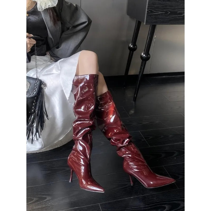 New style women's long boots, pointed toe design, black and burgundy colors, high heel, shiny pleated high heel women's boots