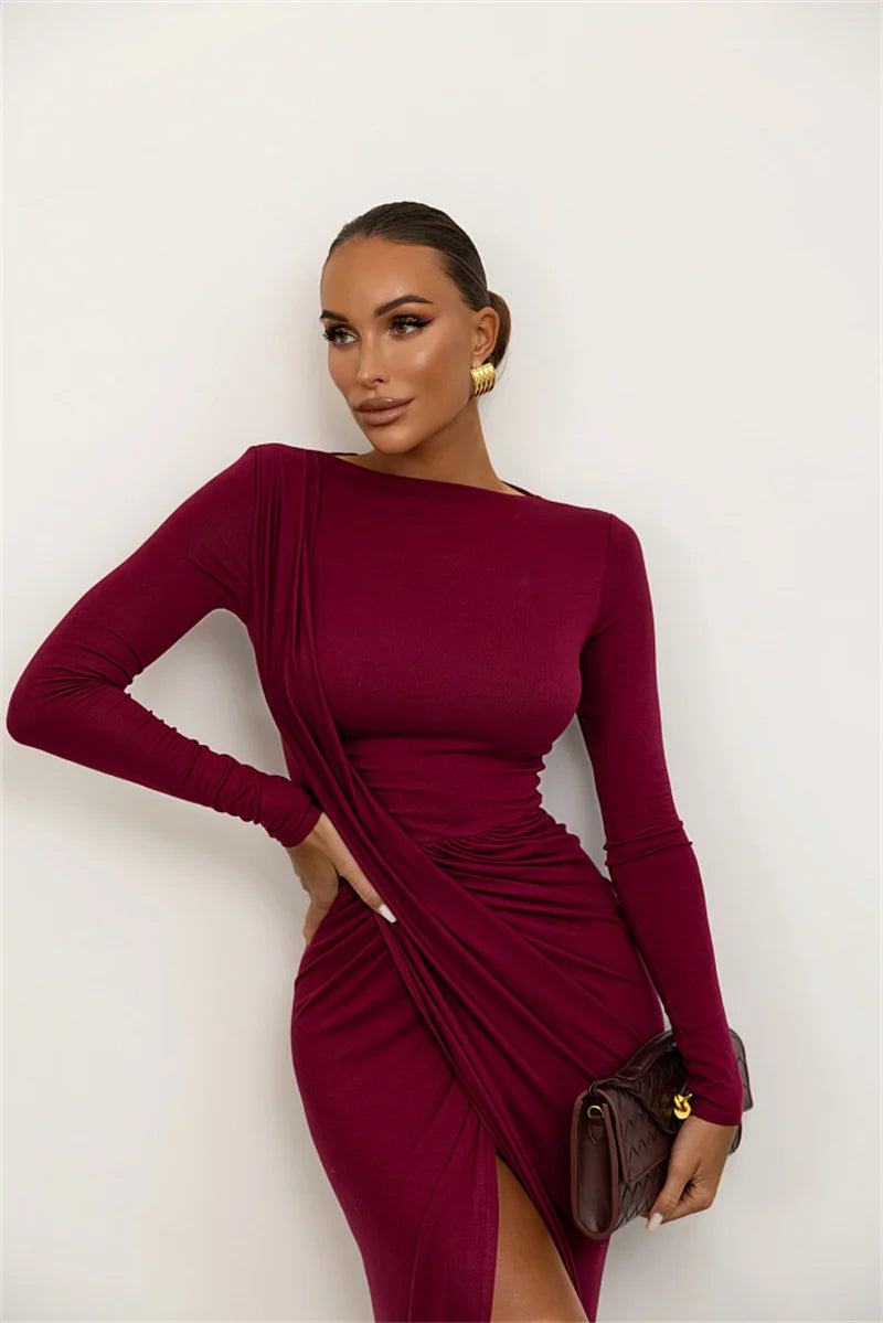 Mozision Long Sleeve Thigh High Split Sexy Maxi Dress Women Gown Elegant O Neck Draped Ruched Bodycon Club Party Long Dresses