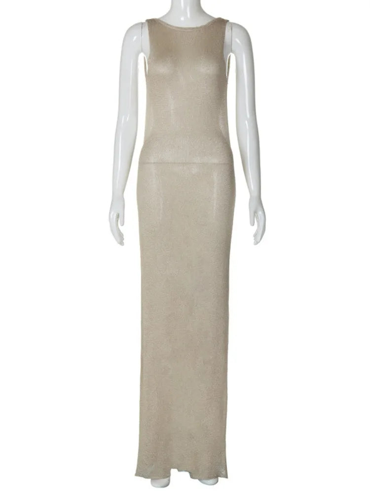 Mozision See Through Backless Sexy Maxi Dress For Women Summer New Sheer Sleeveless Back Split Sexy Long Dress Beachwear