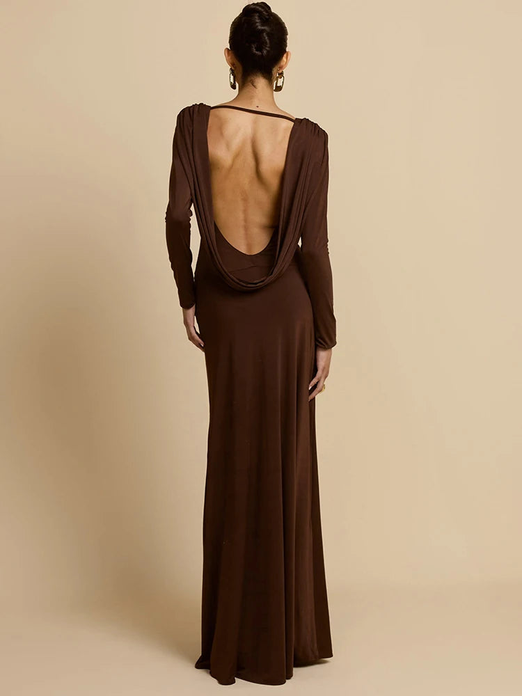 Mozision Elegant Deep V Neck  Backless Sexy Maxi Dress For Women Brown Long Sleeve High Waist Ruched Club Party Long Dresses