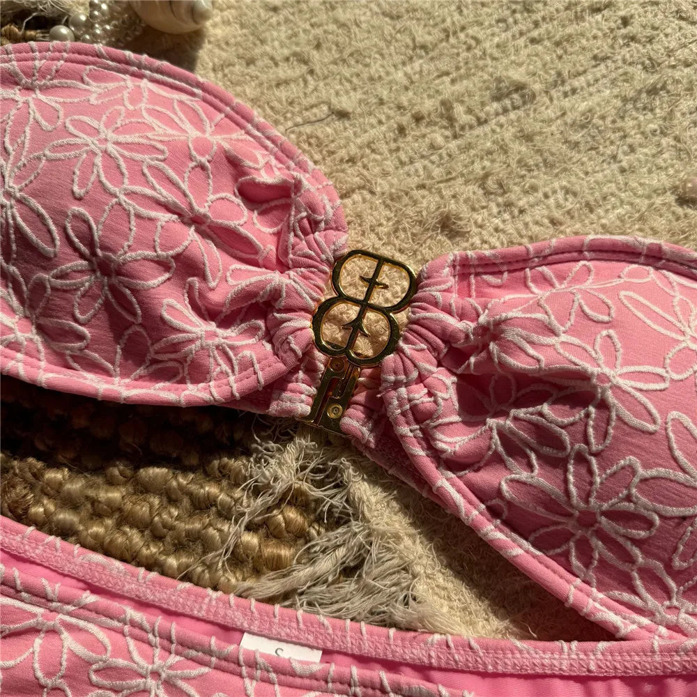 Flower Embroidery Bandeau Bikinis Sets Woman 2025 Metal Buckled Sexy Swimsuit Women High Cut Bathing Swimming Suit Bikini Mujer