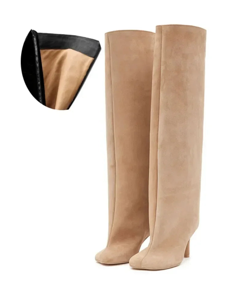 2024 European and American Fashion Stiletto Heels Wide Leg Knee Sleeve Boots Women's Square Head Suede Warm Boots