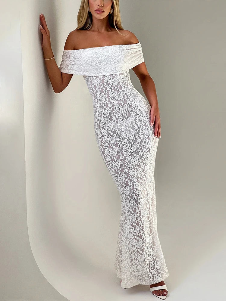 Mozision Hollow Out See Through Sexy Maxi Dress Women Elegant Off-shoulder Strapless Backless Sleeveless Club Party Dress