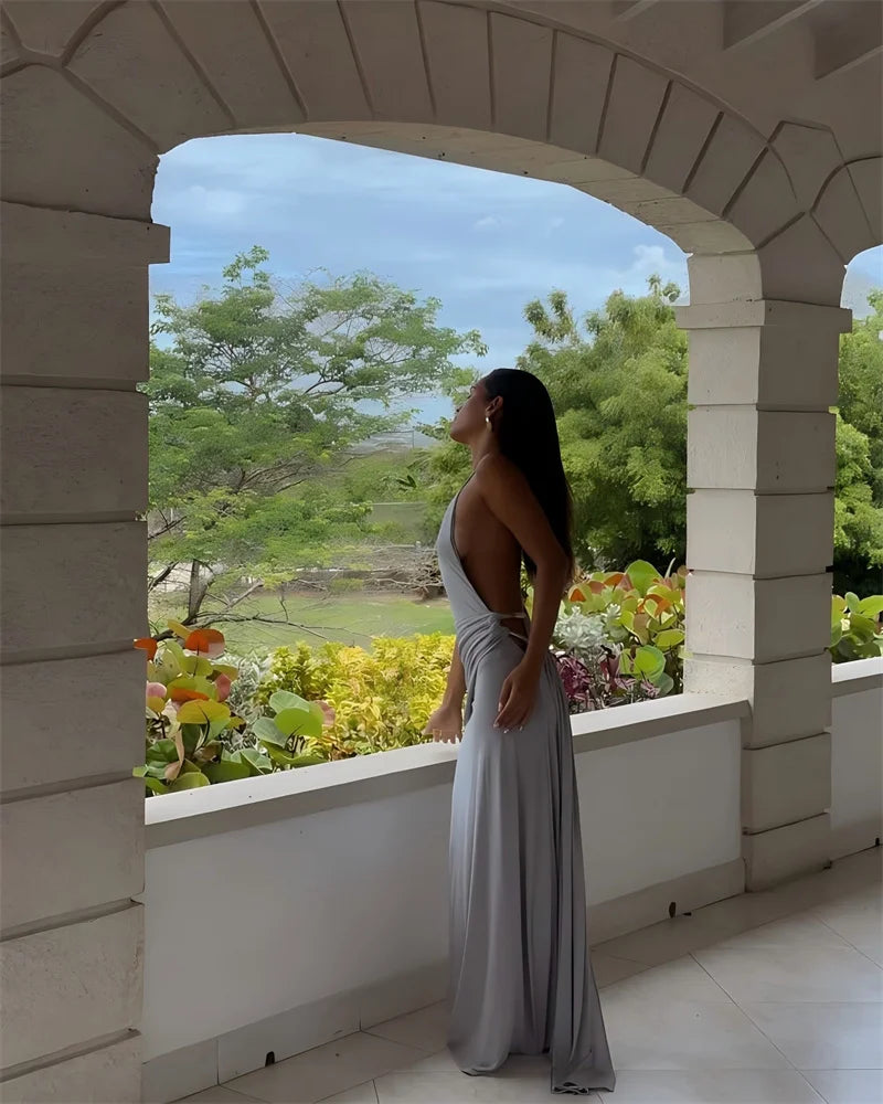 Mozision One Shoulder Backless Sexy Maxi Dress Women Gown Fashion Metal Buckle Diagonal Collar Sleeveless Draped Club Long Dress