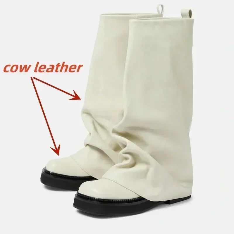 New Large Walled Flat Bottomed Round Toe Sleeve Knee High Pleated Women's Boots Retro Knight Boots Shoes for Women