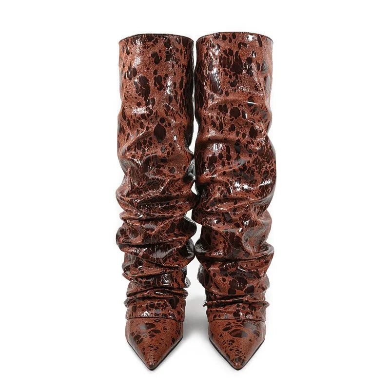 2025 European AndAmerican Women's Autumn and Winter Super Migration Coarse High Heels Fashion Pleated Pointed Sleeve Skirt Boots