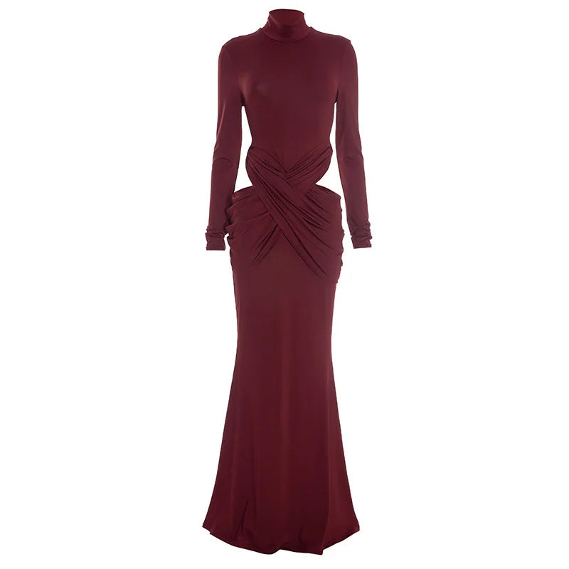 Mozision Turtleneck Long Sleeve Sexy Maxi Dress Women Gown Elegant Hollow Out High Waist Ruched Bodycon Club Party Long Dresses