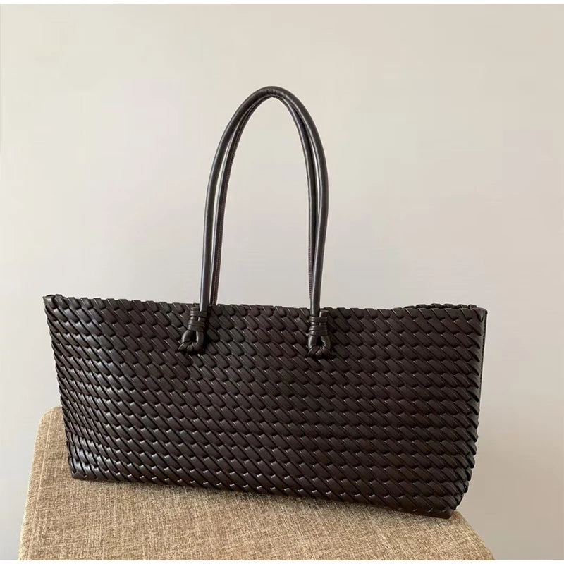 Luxury Top Handle Tote Bag Elongated Exquisite Woven Shopping Bag Magnetic Closure Pocket Shoulder Bag Designer Horizontal Purse
