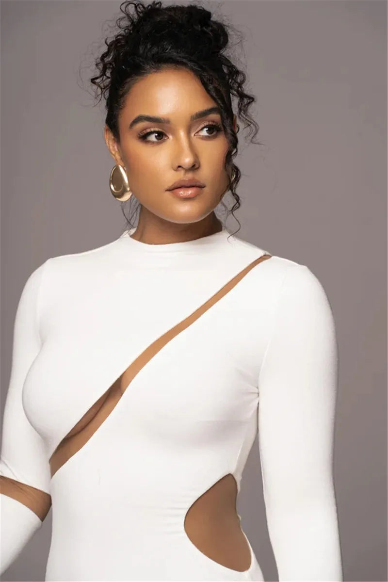 Mozision Turtleneck Long Sleeve Bodycon Maxi Dress For Women Autumn New Patchwork Hollow Out Club Party Sexy Long Dress Vestidos