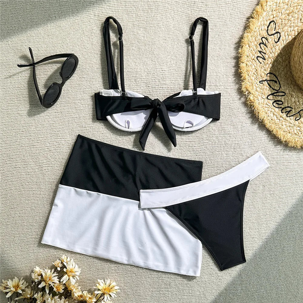 Black White Patchwork Swimwear Push Up Bikinis Sets 3 Piece Mini Skirts Cover Up Sexy Swimsuit Women 2025 Beachwear Bikini Mujer
