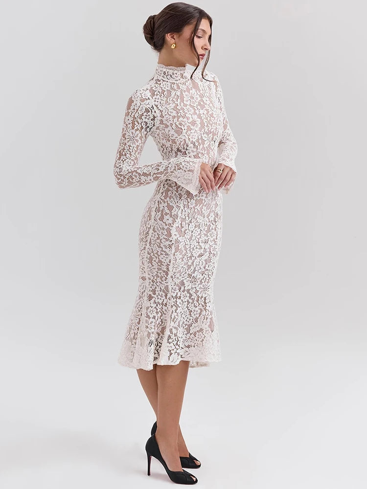 Mozision Lace Long Sleeve Sexy Midi Dress For Women Elegant White Half High Collar High Waist Bodycon Club Party Sexy Long Dress
