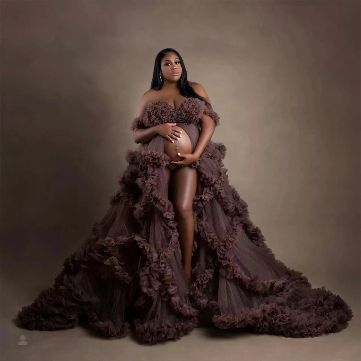 Luxury Maternity Robe Fluffy Tulle Dresses for Women Prom Dress Long Sleeves Wedding Party Gown Bridal Boudoir Pajamas Sleepwear