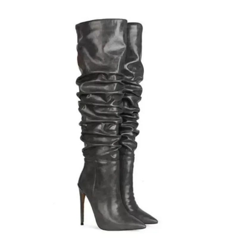 2024 Autumn and Winter New Fashionable High-heeled Pleated Sleeve Boots, European and American Sexy Fashion Runway Boots