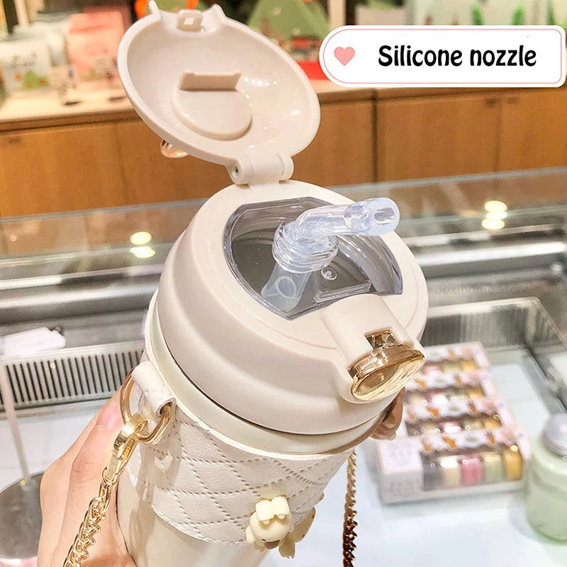 Ins Simple Fashion Plastic Water Bottle For Girls With Leather Sleeve And Strap Straw Adult Pregnant Women Portable Sippy Cups