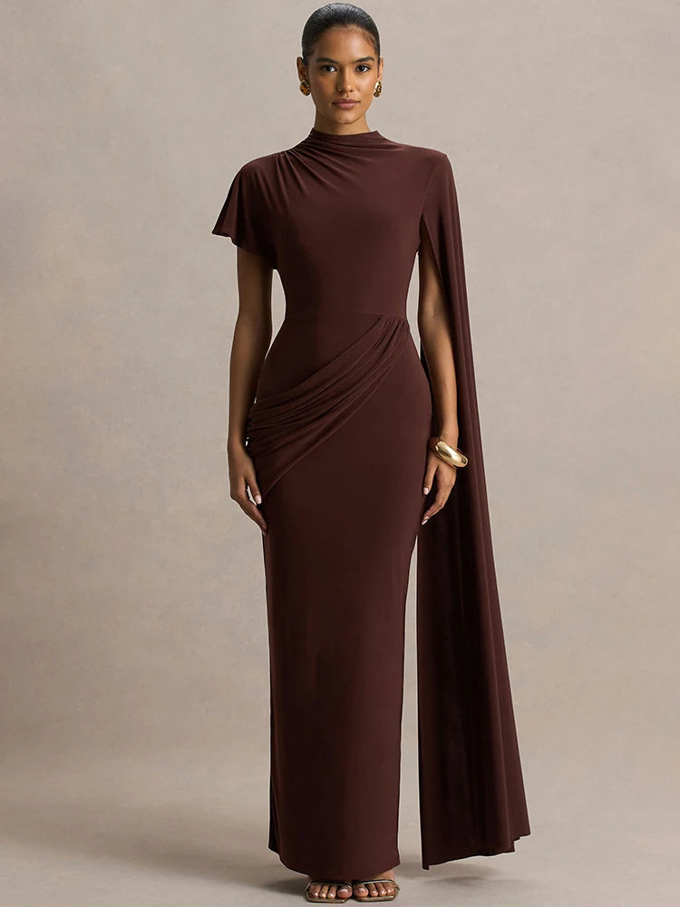 Mozision One Long Cape Sleeve Sexy Maxi Dress Women Gown Elegant O Neck Half High Collar High Waist Ruched Club Party Long Dress
