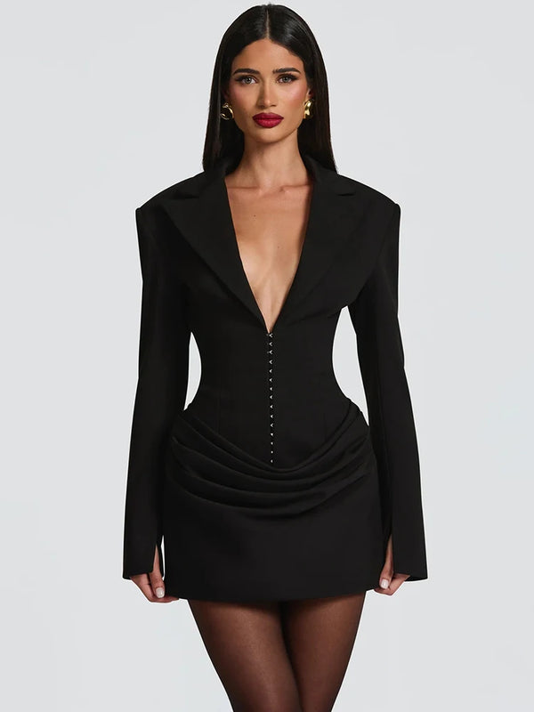 Mozision Long Sleeve Deep V Neck Ruched Sexy Mini Dress Women Autumn Winter Fashion High Waist Club Party Blazer Dresses Female Wofashion.xyz