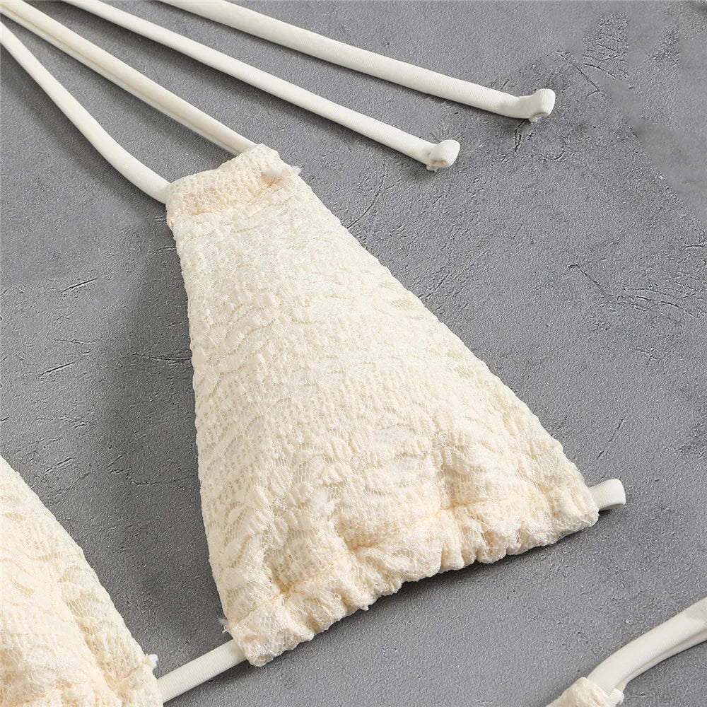 Beige Flower Mesh String Halter Bikinis Sets 4 Piece Sexy Swimsuit Women Long Sleeve Cover Up Swimwear Triangle Bikini Beachwear