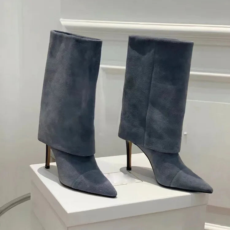 European and American Style High-heeled Wide Tube Sleeve Skirt Boots for Women, Niche Stone Patterned Fashion Banquet Shoes