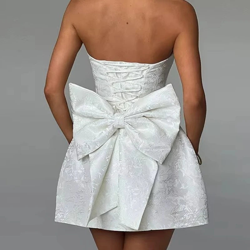 White Jacquard Pleated Evening Party Dress Women Robes Backless Elegant Sexy Dress Bodycon Summer Mini Dress Vestidos Wofashion.xyz