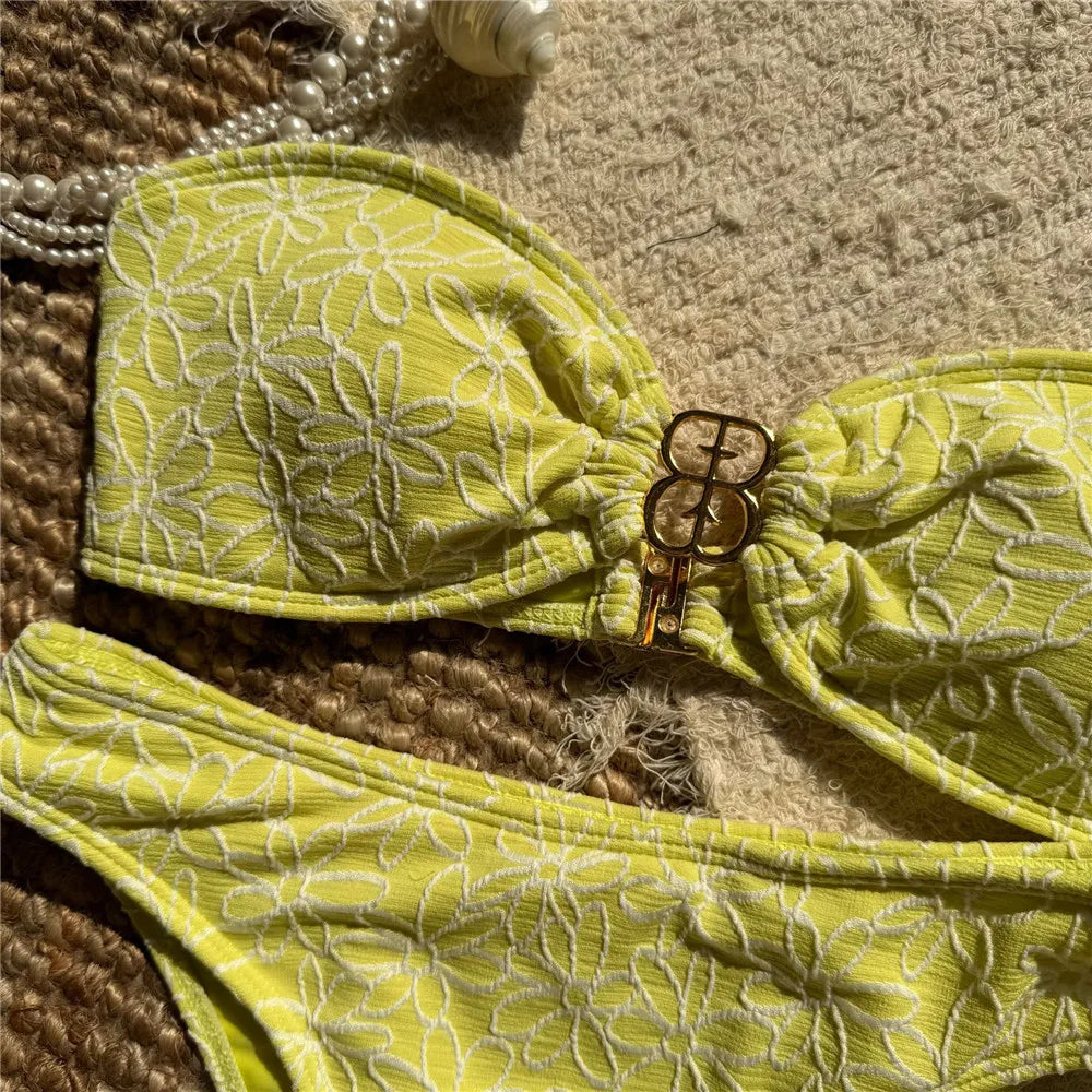 Flower Embroidery Bandeau Bikinis Sets Woman 2025 Metal Buckled Sexy Swimsuit Women High Cut Bathing Swimming Suit Bikini Mujer