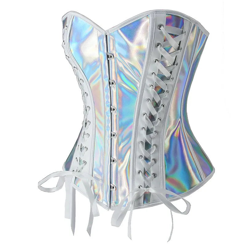 Steampunk Silver PU Leather Corset Top Gothic  Lace Up Overbust Bustier Slim Waist Body Shapewear Women  Sexy Corselet Clubwear