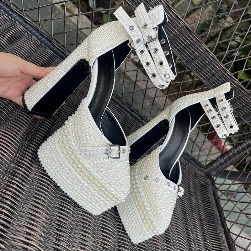 2024 Handmade Beaded 14cm Thick Heel Pointed Sandals 35-41 High Heel Waterproof Platform Woman Shoes Wedding Dress Luxury Pearl