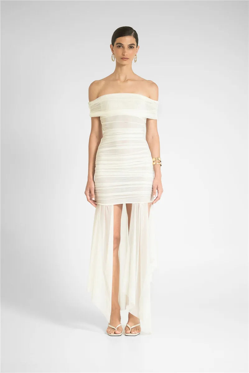 Mozision Mesh Off-shoulder Backless Sexy Maxi Dress For Women Fashion Strapless Sleeveless Split Ruched Bodycon Club Party Dress