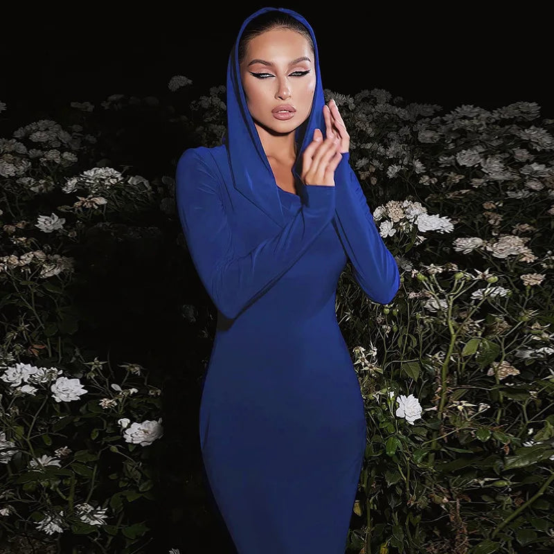 DSMTRC High Street Red Christma Hooded Long Sleeve Maxi Dress for Woman Slim Solid Bodycon Party Vestidos Elegant Autumn Dresses