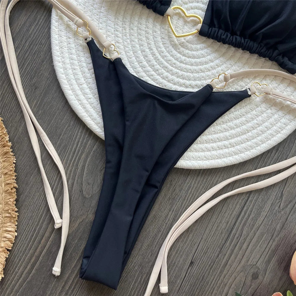 Black String Halter Swimwear Triangle Micro Bikini Thong Heart Ring Sexy Swimsuits Women 2025 Bathing Suit Biquinis Bikinis Sets