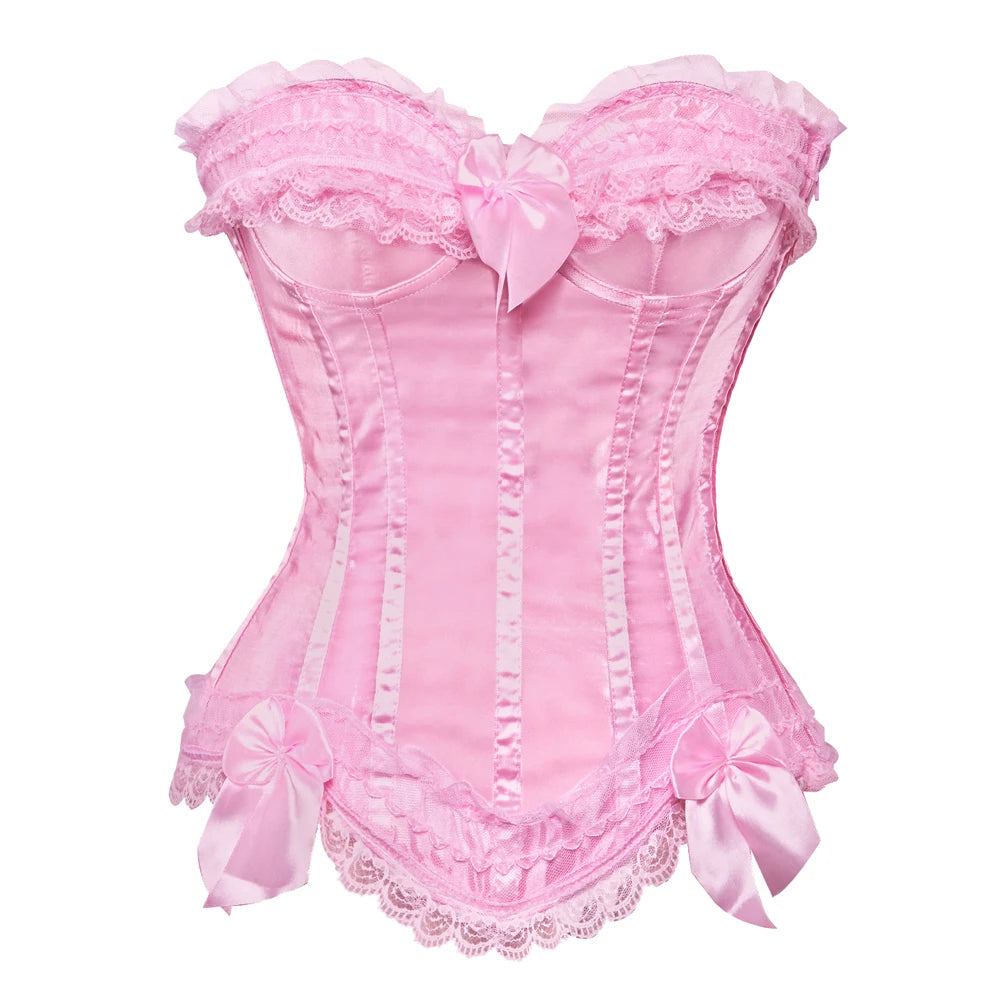 Sexy Satin Overbust Corset Top Lace Bowknot Decorated Clubwear Showgirl Body Shaper Plus Size