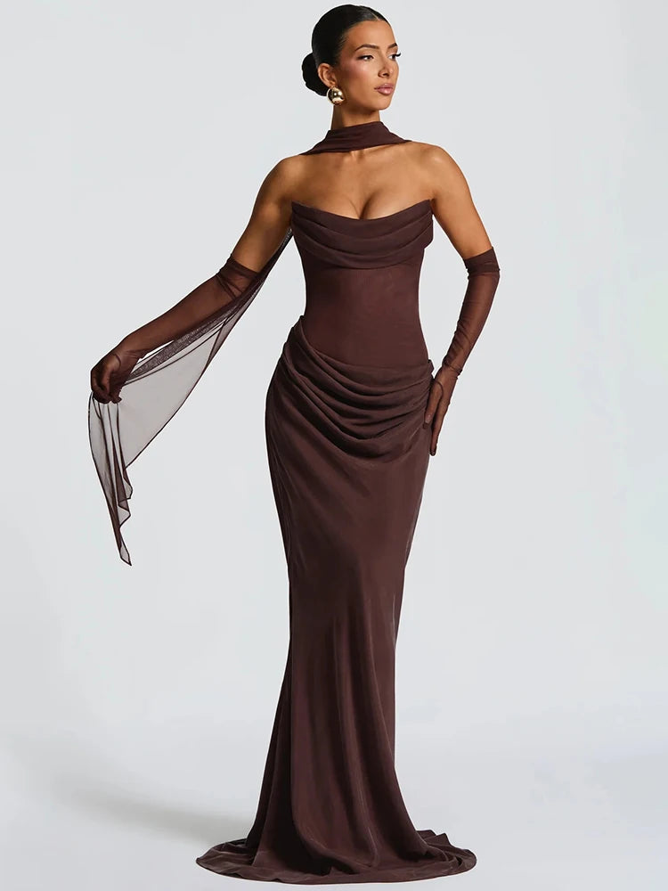 Mozision Off-shoulder Backless Sexy Maxi Dress Women Gown Elegant Scarf Collar Strapless Sleeveless Bodycon Club Party Dresses