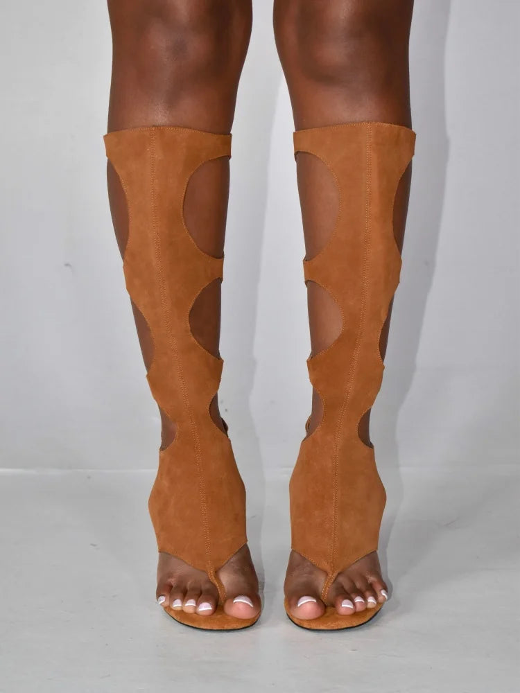 Luxury Cut-Out Knee-High Boots - Genuine Horsehair Leather Stiletto Heels with Rear Zipper | European Fashion Women's Shoes