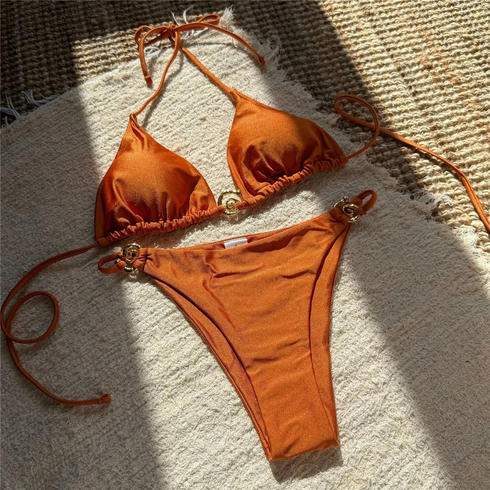 Solid Orange Swimwear Metal Ring String Halter Triangle Micro Bikini Thong Sexy Swimsuit Women 2025 Bathing Suit Bikinis Sets Wofashion.xyz
