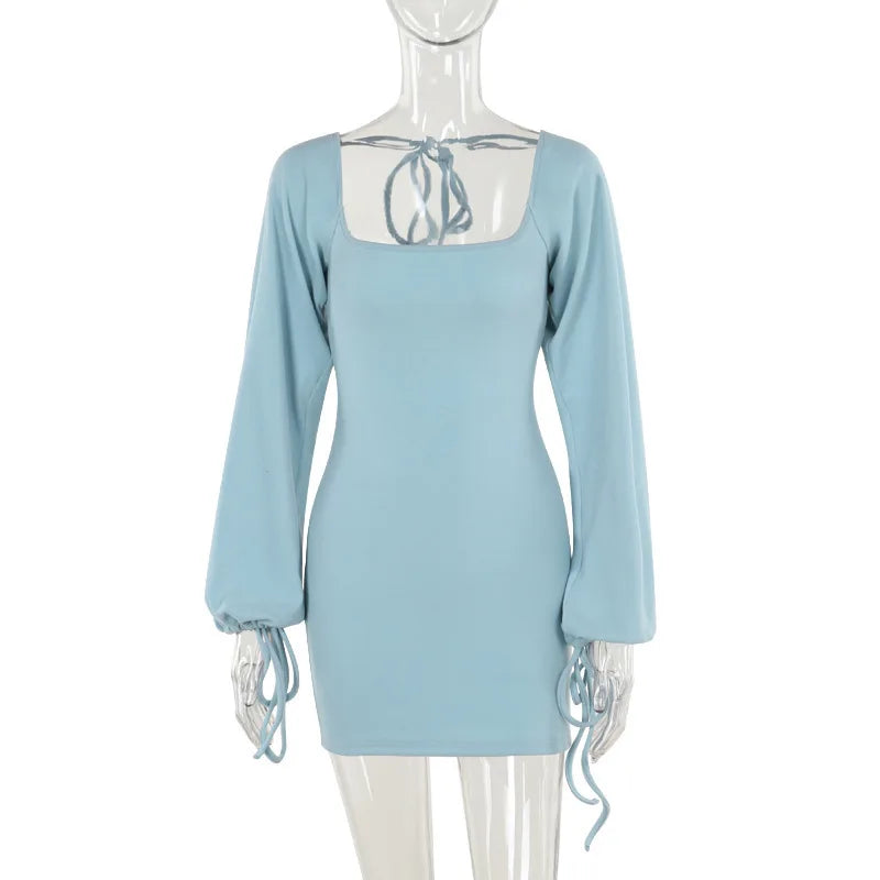 NIDANSSI Lantern Long Sleeve Backless Lace Up Autumn Dress Women Robes Elegant Evening Party Dress Bodycon Mini Dress Vestidos