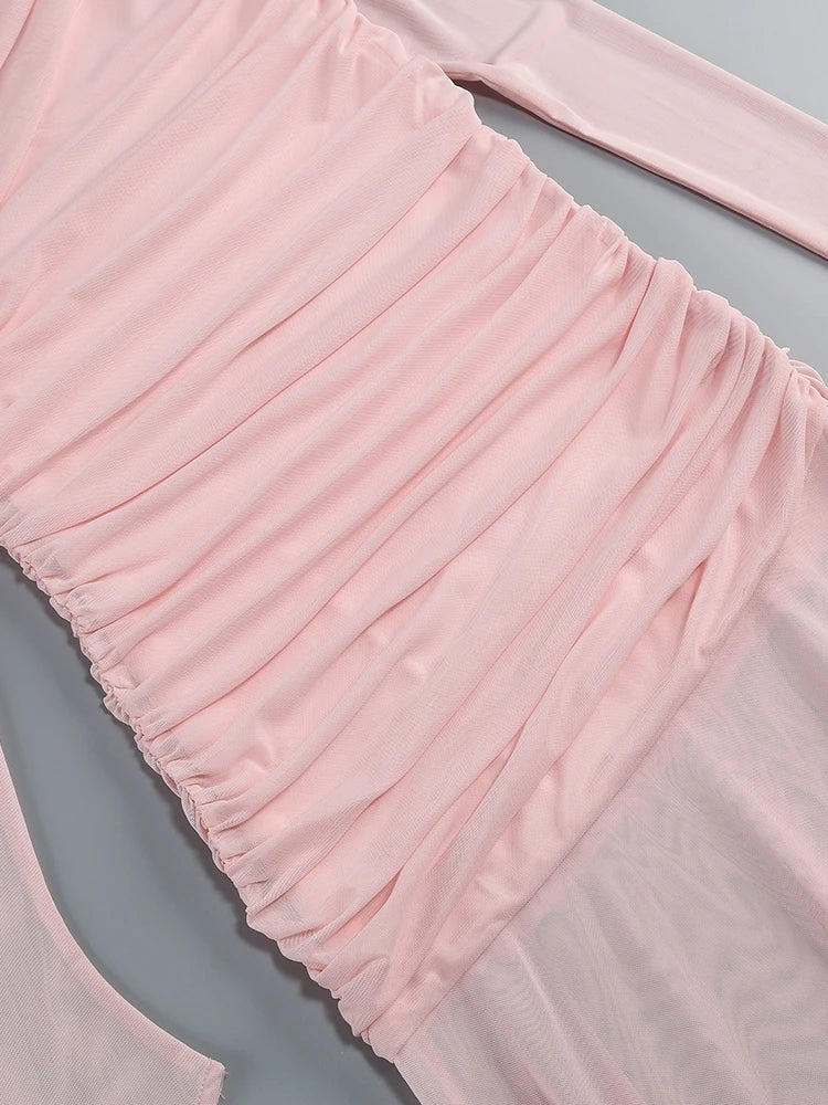 Sexy O Neck Mesh Patchwork Folds Long Dress Women Pink Long Sleeves Asymmetrical Folds Slim Dresses Evening Party Formal Gowns