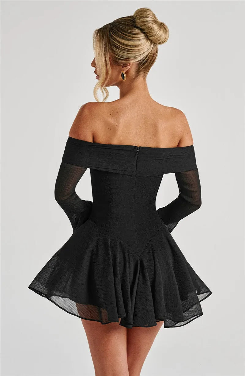 Mozision Strapless Long Flare Sleeve Sexy Mini Dress For Women Robe Off-shoulder Backless High Waist A-line Club Party Dress